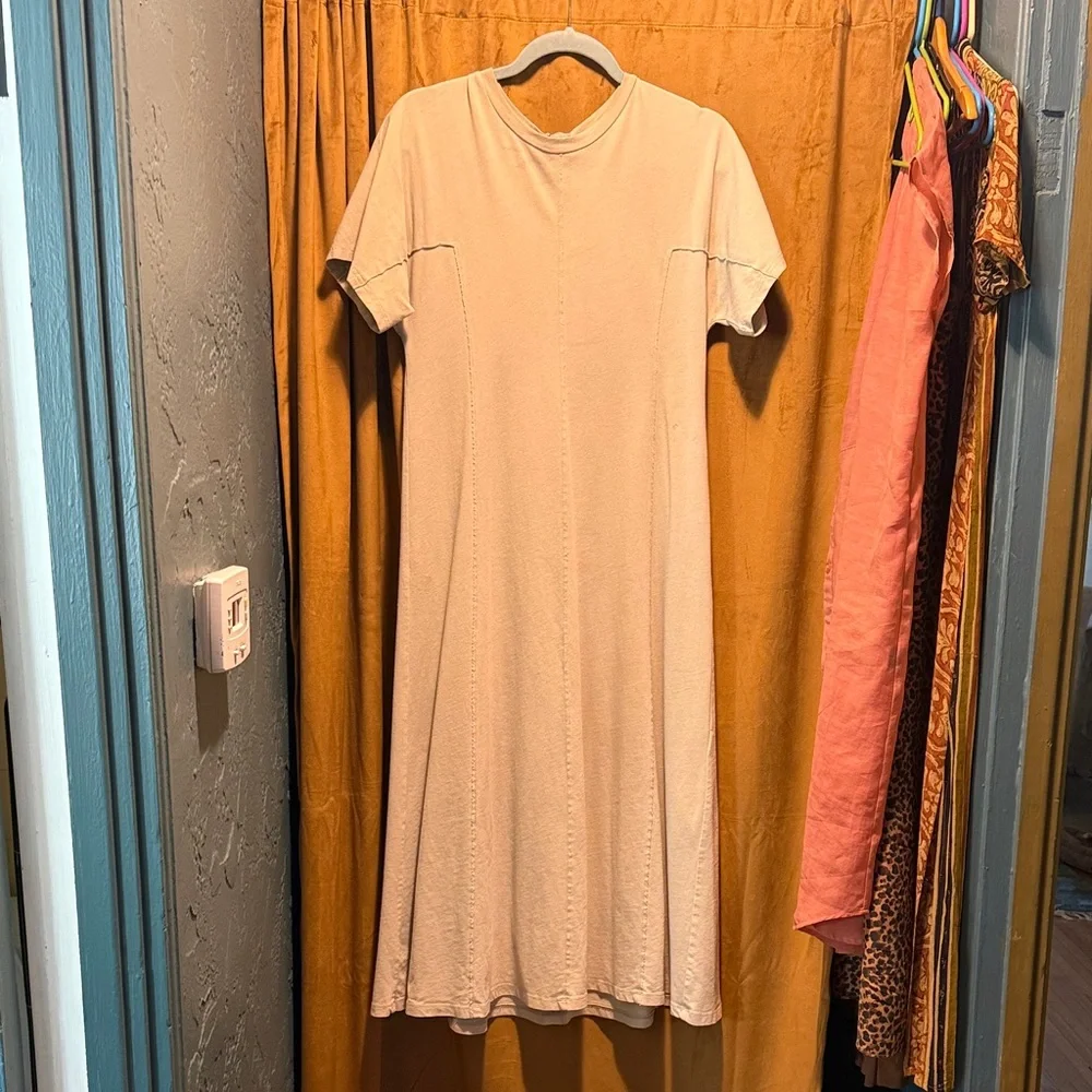 100% Cotton Jersey Short-Sleeve Midi Dress with Exposed zipper - Picture 1 of 2
